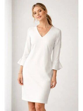 Calvin Klein White V Neck Sheath Dress Bell Sleeves Lace Trim 2